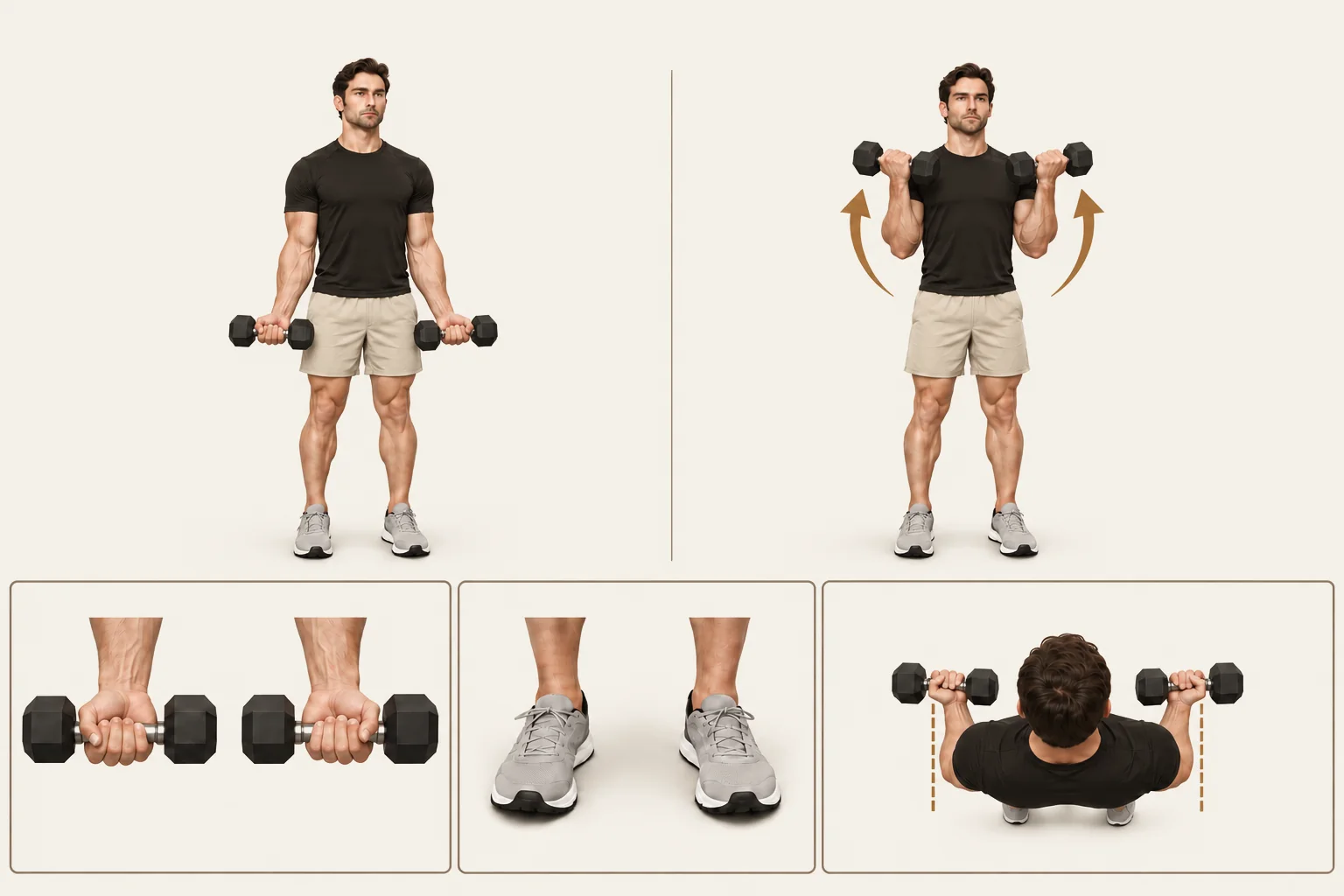 Dumbbell biceps curl: Arms by your sides, elbows almost straight. Movement: Bend the elbows to lift the dumbbells toward the shoulders. Finish: Elbows bent, weights near shoulders. Return to your sides.