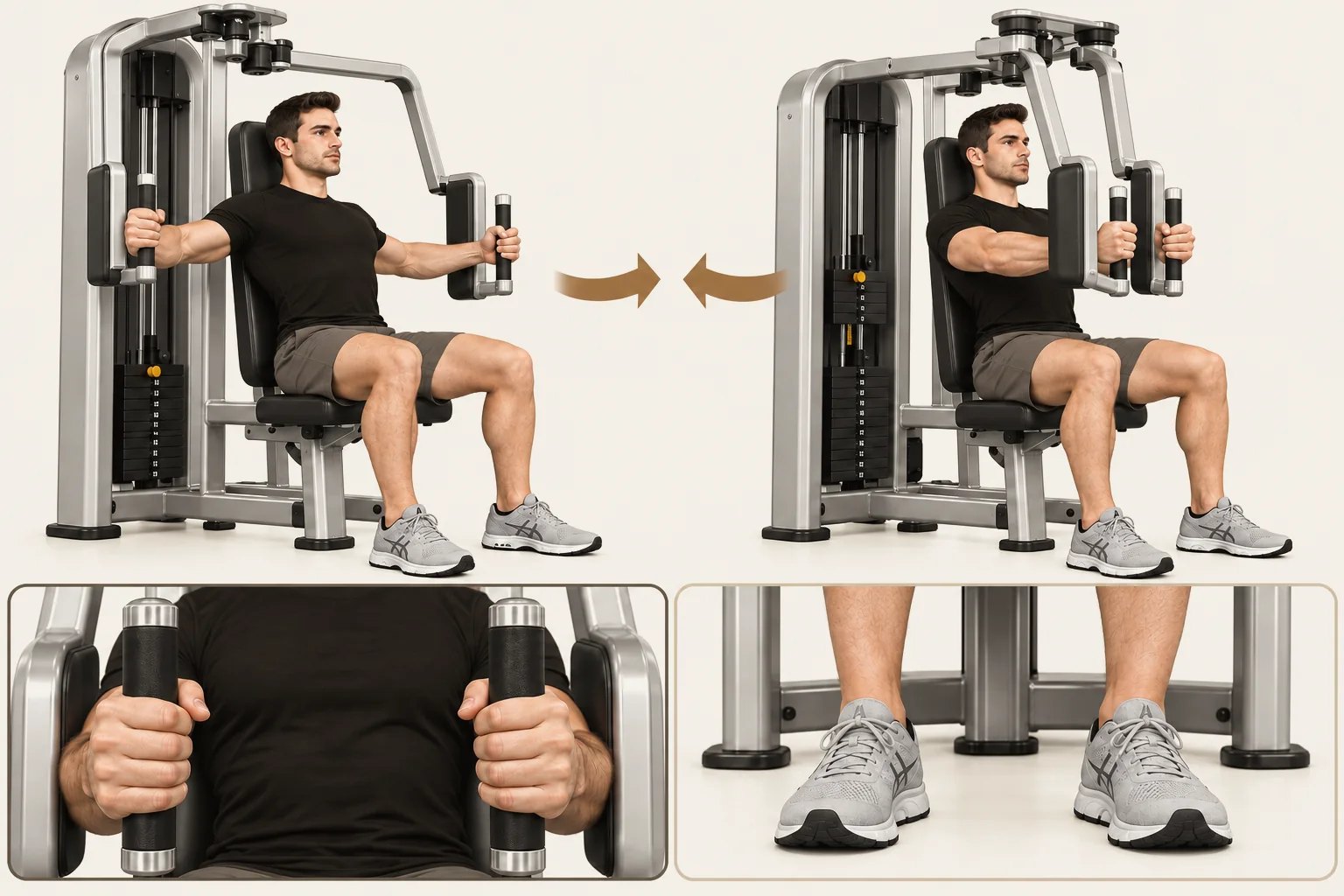Pec deck / chest fly: Arms open beside the chest in a comfortable range. Movement: Bring the handles together in a broad arc in front of your chest. Finish: Hands close together in front of chest; back stays supported.