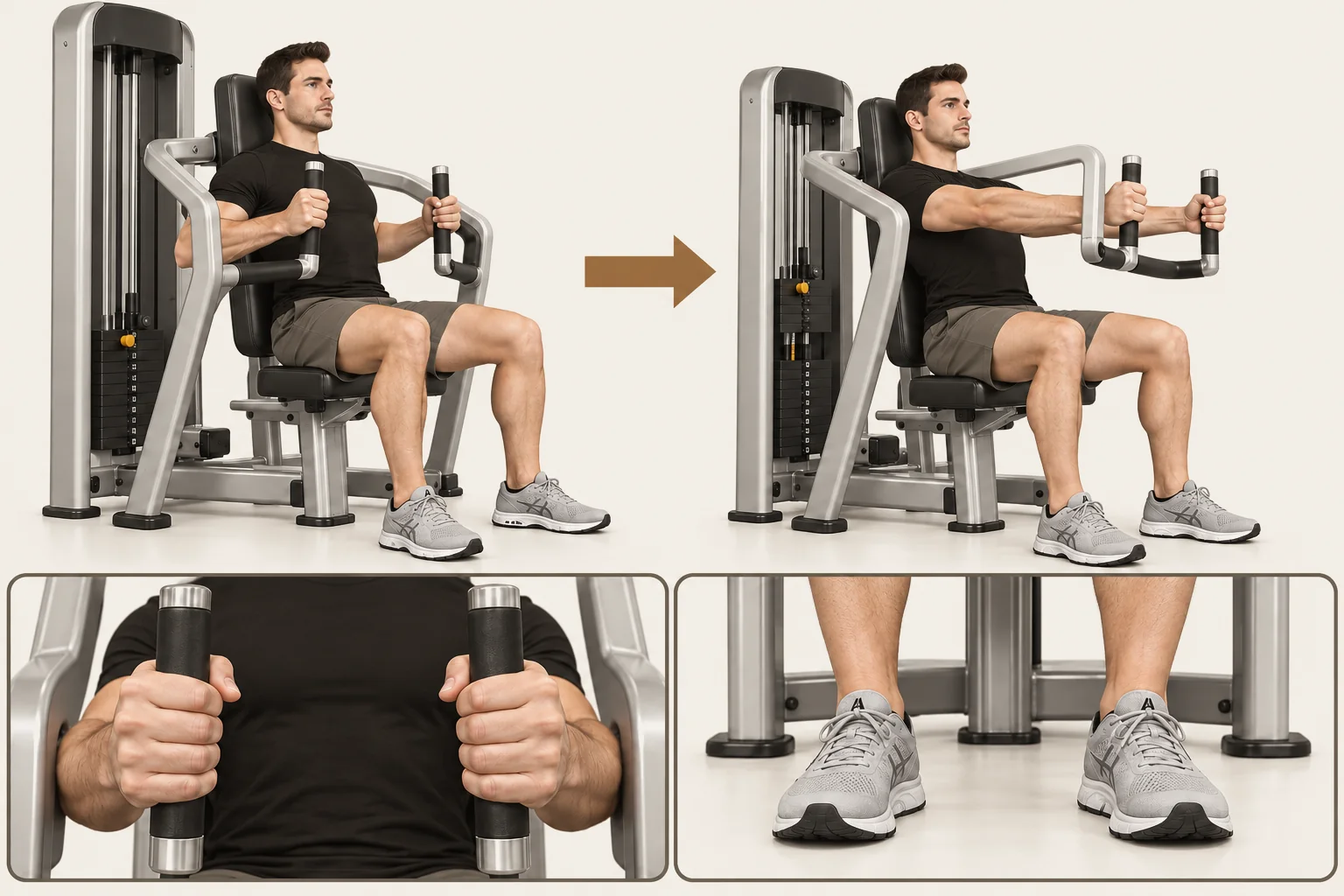 Seated chest press with back supported and feet flat. Start with hands around mid-chest height and elbows below shoulders; press forward to almost-straight arms. Close-ups show closed neutral grip and flat feet.