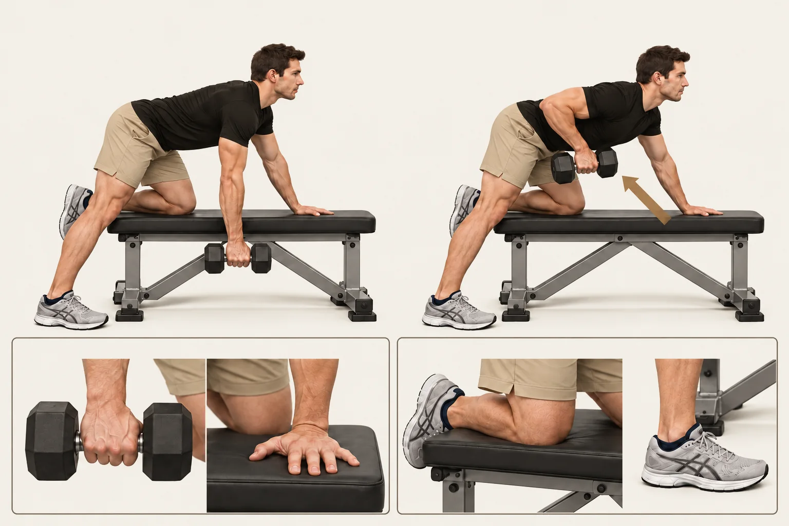 One-arm dumbbell row: Working arm hangs below the shoulder, elbow almost straight. Movement: Pull the dumbbell toward your hip or lower ribs, elbow close to your side. Finish: Dumbbell near lower ribs, elbow by the trunk. Return to a hanging arm.