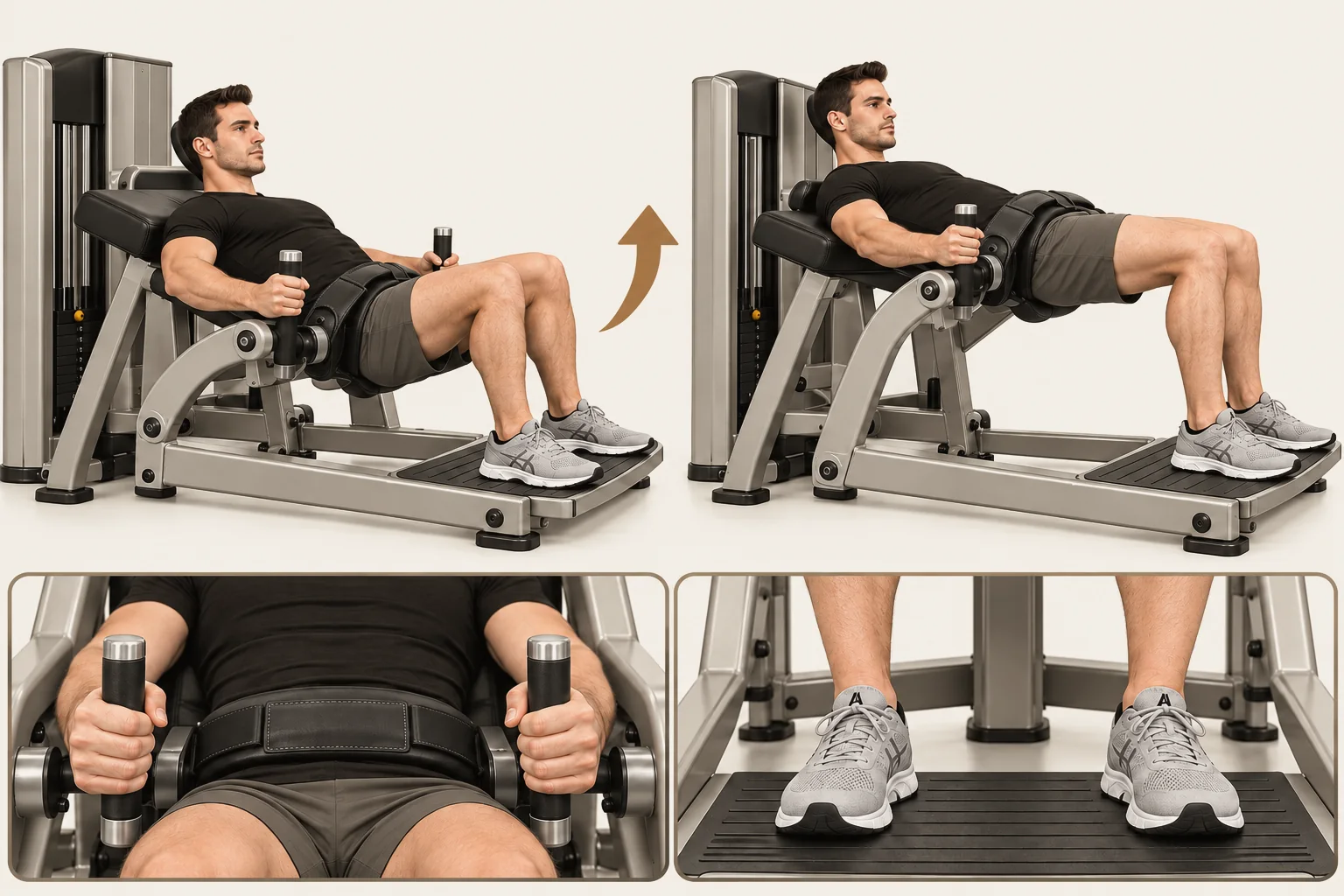 Hip thrust machine: Hips lowered comfortably, knees bent, upper back against the support. Movement: Push through both whole feet to raise the hips. Finish: Hips raised, upper back and feet supported. Return slowly.