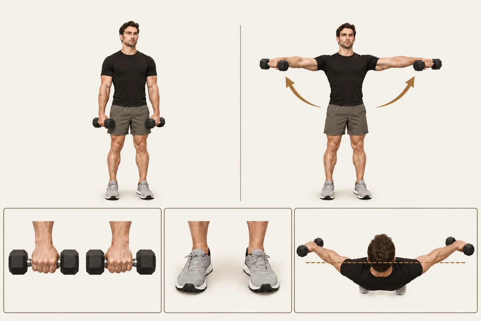 Dumbbell lateral raise: Arms beside thighs; elbows slightly bent. Movement: Raise the arms out to the sides and slightly forward. Finish: Arms no higher than shoulders. Return to the sides.
