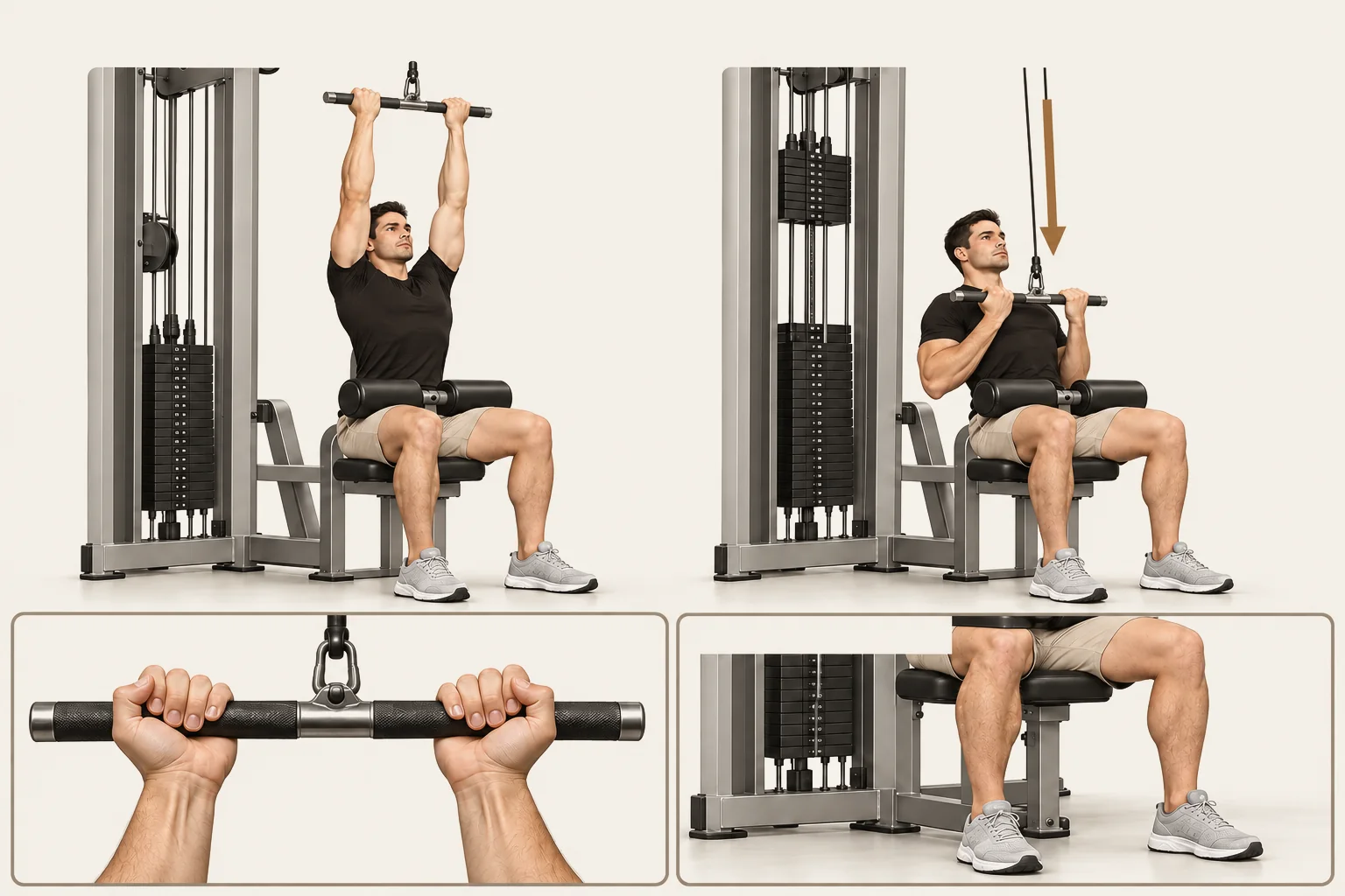 Reverse-grip narrow lat pulldown: Arms overhead, elbows almost straight, chest comfortably tall. Movement: Pull toward the upper chest with elbows close to your sides. Finish: Bar near upper chest, elbows beside ribs. Return to the start.