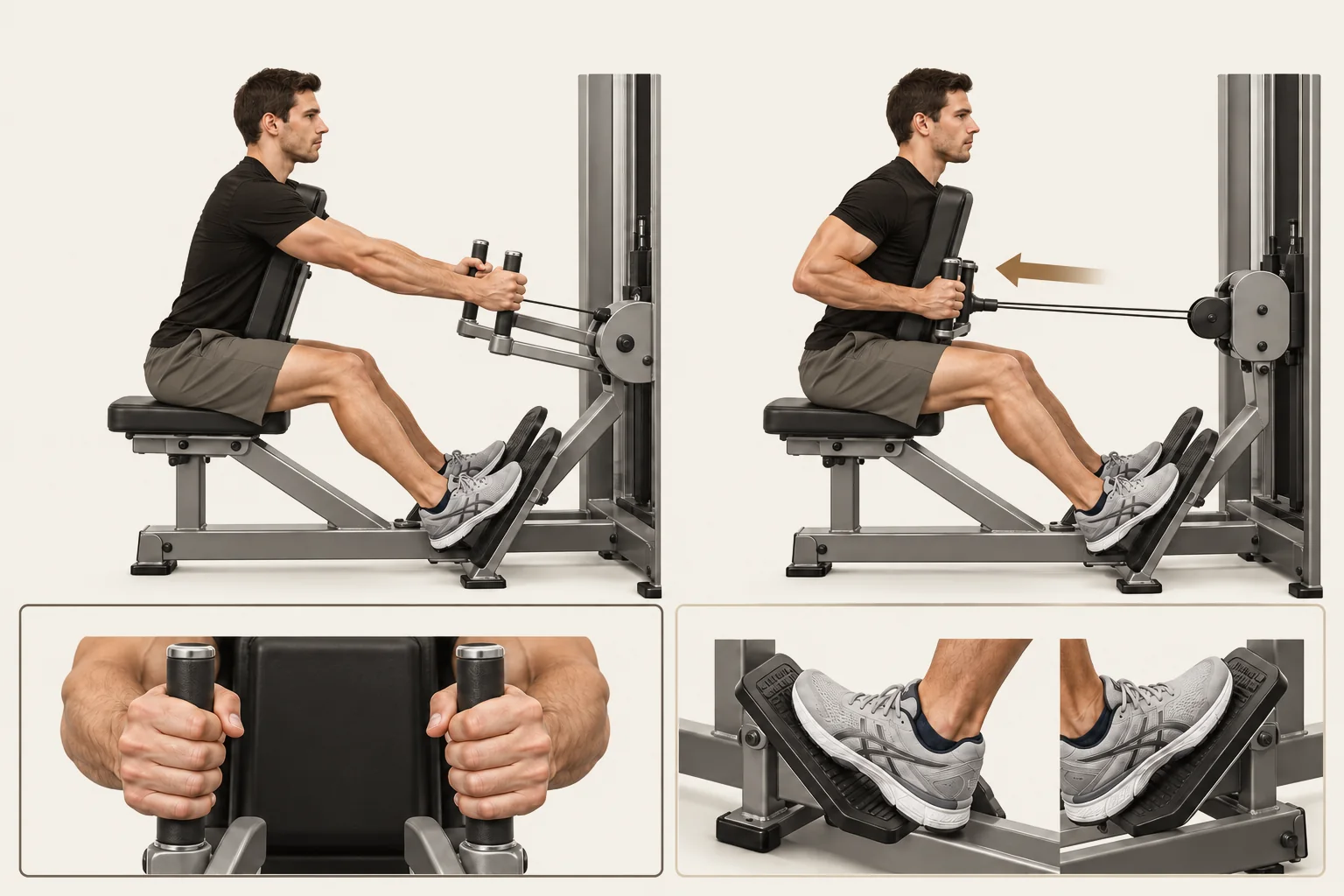 Chest-supported row start with arms extended forward and finish with elbows beside the body, handles near lower ribs; close-ups show palms facing each other and feet planted on supports.