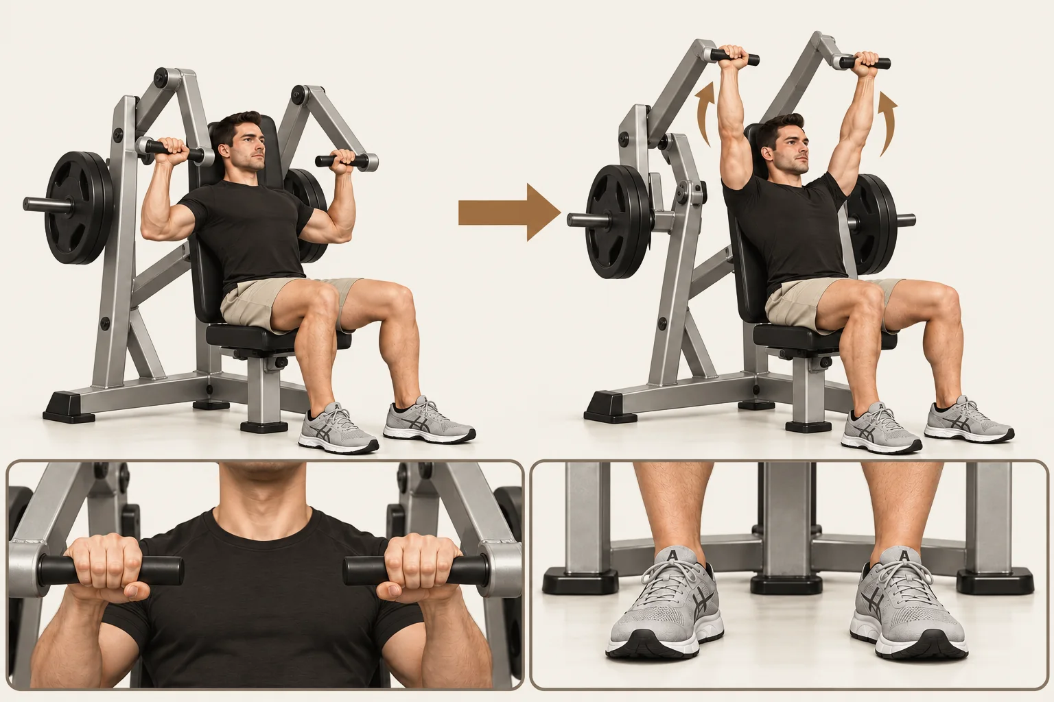 Seated machine shoulder press: the same horizontal handles and overhand grip in the start and overhead finish positions. Back and hips stay on the pad, feet stay flat, and upward arrows show the press.