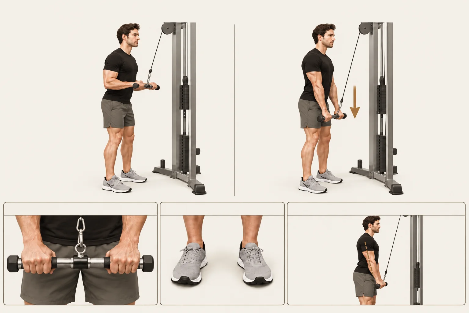 Cable triceps pushdown: Elbows bent about 90 degrees; bar near the upper abdomen. Movement: Straighten the elbows to push the bar toward your thighs. Finish: Arms almost straight, bar near thighs. Return under control.